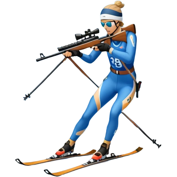 An icon featuring snow-covered trees, distant mountains, and a clear blue sky with a biathlete in motion, holding a rifle and skiing across a snowy course. Transparent background highlights the precision, endurance, and excitement of biathlon. emoji