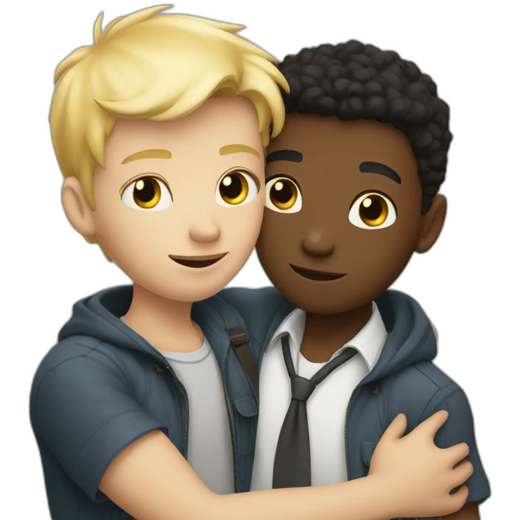 Two Boy detectives hug one blond with white skin and one African  black emoji