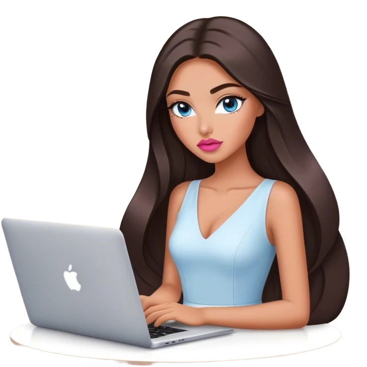 Glamours tanned very beautiful girl with pump natural rose peach lips and dark chocolate straight smooth long hair, blue-grey eyes with MacBook emoji