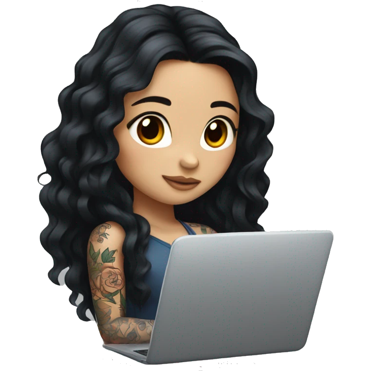 beautiful girl, with arm tattoos, with long black hair, wavy hair, chinese, with laptop emoji