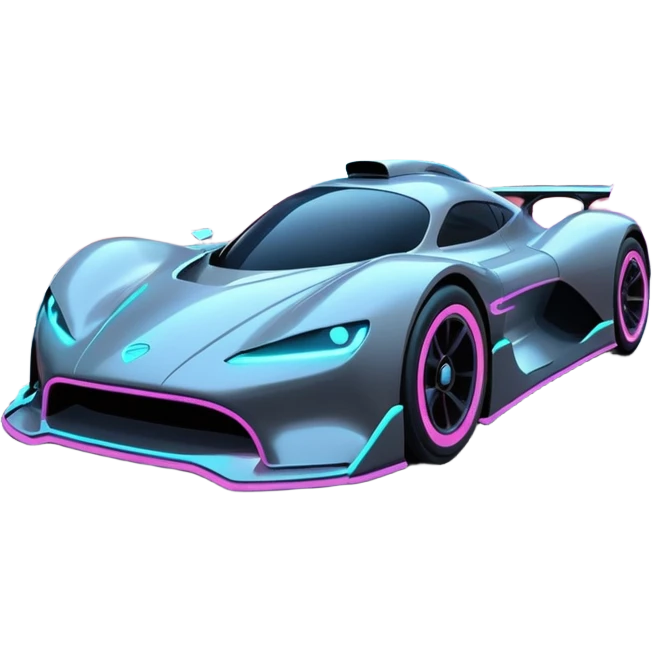 A futuristic racing car with glowing neon lights, sleek aerodynamic design, and a cyberpunk cityscape in the background. The car is speeding through a neon-lit street with high-tech buildings and holograms." emoji
