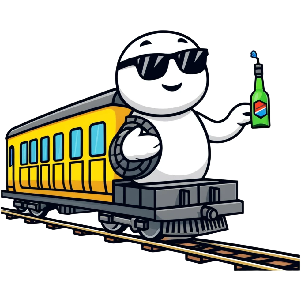 A comical locomotive partying with sunglasses, dancing on train tracks, holding vodka bottles like maracas emoji