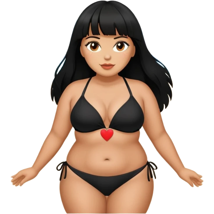 Plus size Latina female with bangs black long hair in the beach with black bikini with a heart  emoji