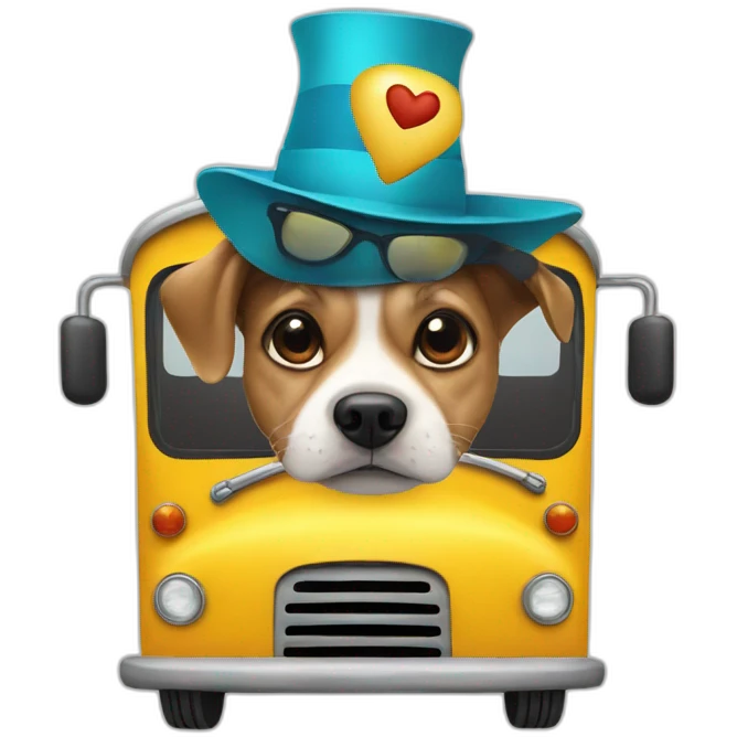 A dog in a bus whith a party’s hat emoji