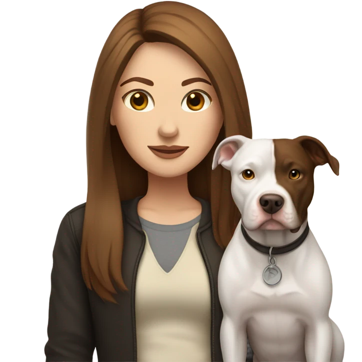 white woman with straight long brown hair standing alongside a white pitbull emoji