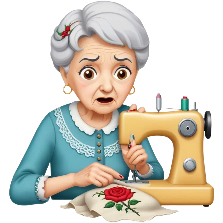 "Grandmother pricks finger sewing rose embroidery, shocked, pain, surprised, distressed. emoji