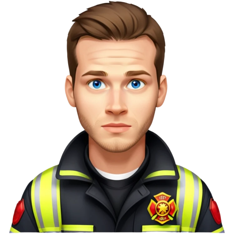 Firefighter with blue eyes and black coat with neon yellow stripes emoji