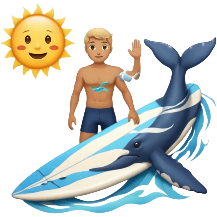 marine style emoji with waves, whale, male shirtless surfer, summer atmosphere with sun and warm  emoji