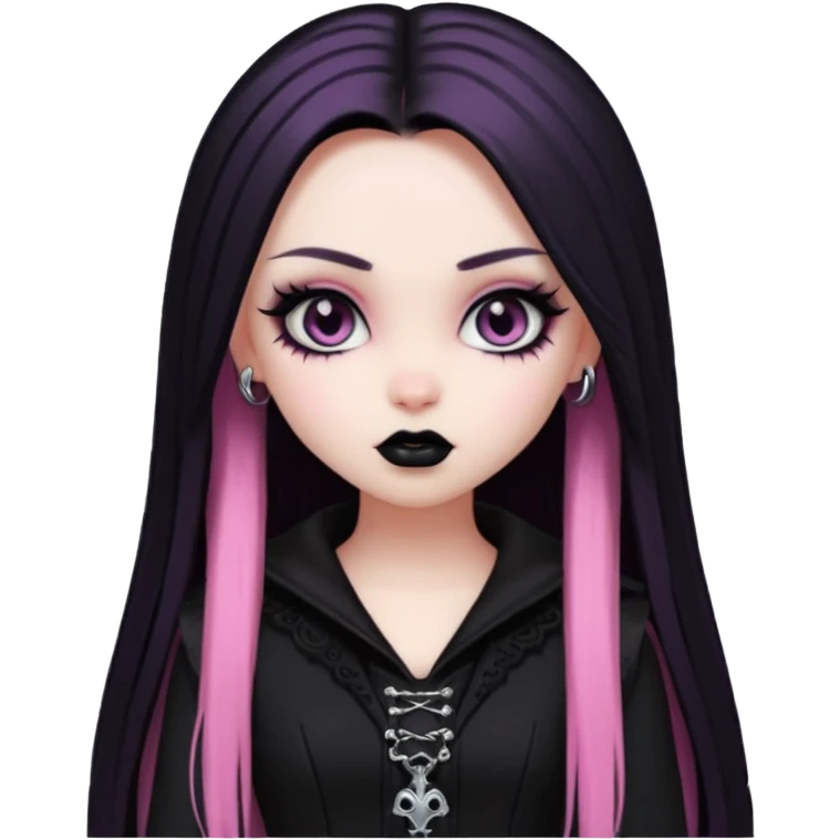 goth bratz baddie, beautiful eyes, gothic black makeup, long straight black-pink hair, black gothic hair styled, black goth clothes emoji