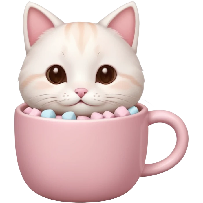 cute white cat relaxing in a pastel pink mug of cocoa with marshmallows, soft lighting, rounded shapes emoji