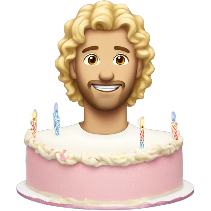  Blonde curly mullet white man standing over a birthday cake emoji