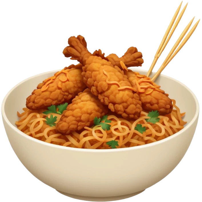 iOS-style minimal food emoji of a rice bowl with crispy fried chicken tenders, fried onions, sweet-and-sour sauce, and parsley garnish, smooth shapes, vibrant natural colors, clean vector-like rendering, transparent background. emoji