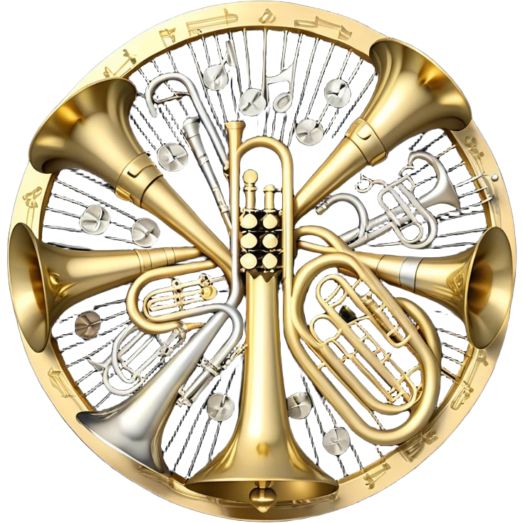Create a festive and elegant emoji collage featuring a bouquet or fan of brass instrument bells (trumpets, saxophones, trombones, tubes, etc.) arranged in a radiant, symmetrical pattern. The instruments should have polished, golden and silver finishes, with their large, shiny bells forming a beautiful, fan-like display. Include a flowing ribbon of musical notes swirling through the center, conveying movement and melody. The background should feature a deep red velvet texture, adding a touch of luxury and sophistication. The overall composition should be balanced, with an elegant and regal feel, with a transparent background to keep focus on the instruments and musical elements. emoji