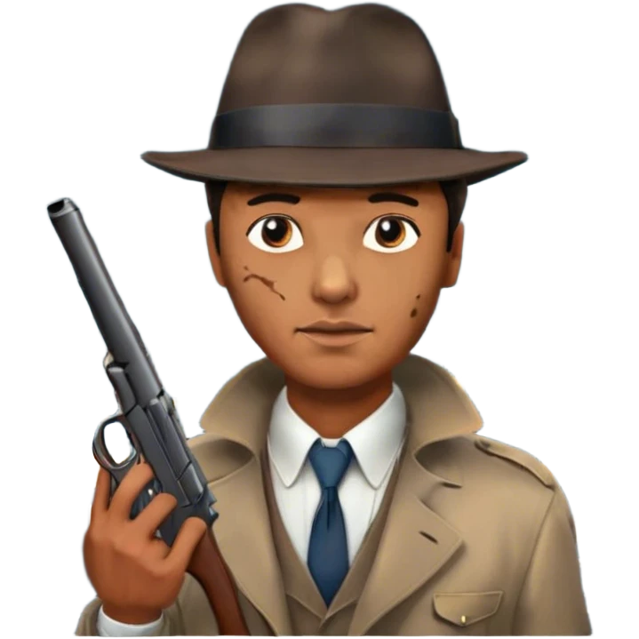 Icon for Detective Movie: A vintage movie poster-style design featuring a close-up of a detective with a gun on a dark London street under the full moon. The scene includes faint traces of blood on the asphalt, hinting at a murder. Retro cinematic typography. Transparent background. emoji
