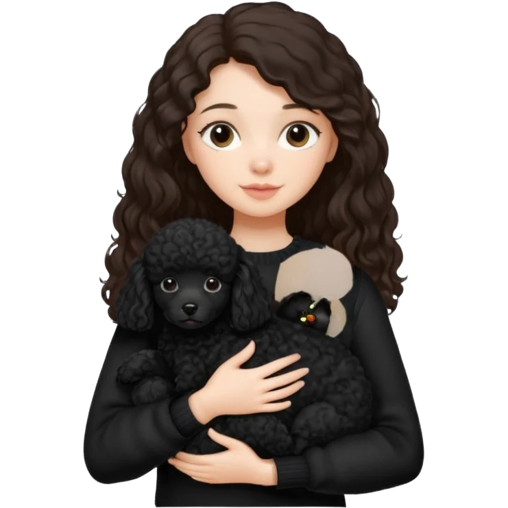 One Brunette girl with long hair in a black sweater holds a single black Poodle puppy in her arms emoji