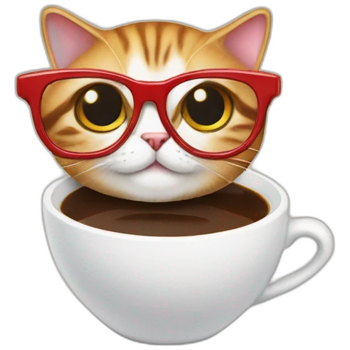 un chat à lunettes rouges qui boit un café emoji