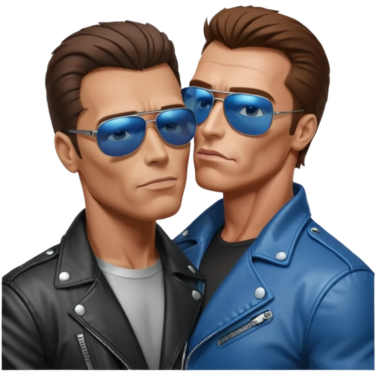 парень похожий на хилого Шварценегера-терминатора в косухе и очках-терминаторах целуется с высоким мужчиной шатеном с голубыми глазами кривым носом и косыми глазами. emoji