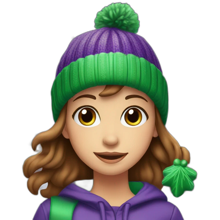 Girl with brown hair and green eyes in front of beautiful Christmas tree in new york city celebrating christmas and wearing a purple beanie emoji