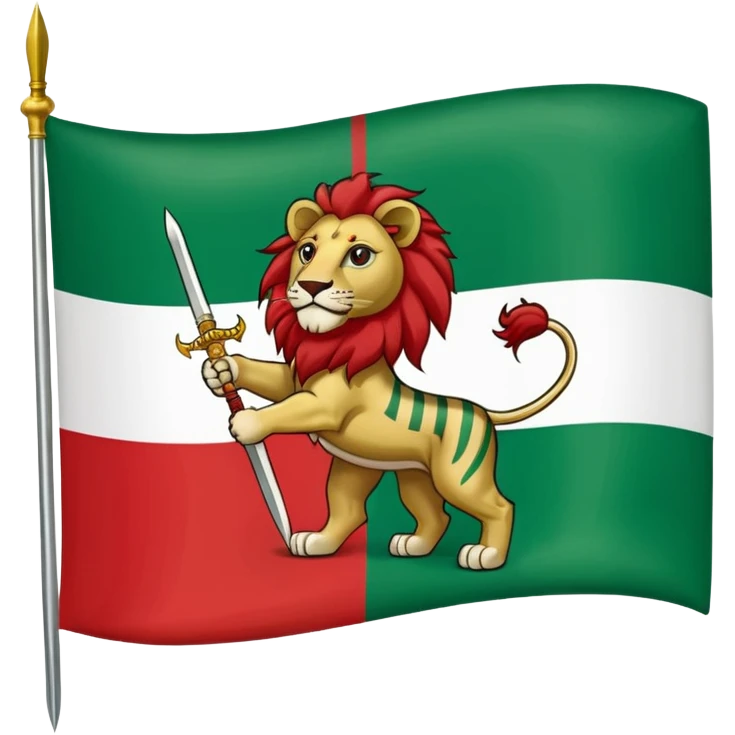 The flag of Iran is green at the top, white in the middle, and red at the bottom, with the symbol of the lion and the sun in the middle. The lion is looking at the robot and has a sword in his right hand, and the sun is behind the lion. emoji