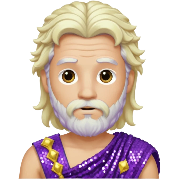 Zeus from Greek Gods with long platinum blonde wavy hair and short beard, purple sequin toga emoji