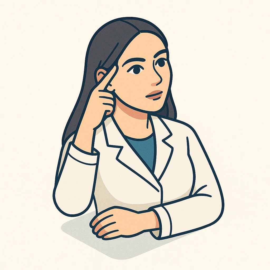 A 2D isometric style illustration of a female doctor with dark long straight hair and detailed brown eyes (not just dots), wearing a white coat, on a minimalist background. She is twirling her finger near her temple, with expressive pose and emotion, matching the appearance of the second previous variant. emoji