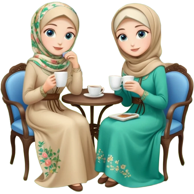 Turkish beautiful finish Konya girls blue eyes with Beautiful beige green floral hijab long tail dress and the two friends in a lovely garden sits on the chair on the ground and holds cup coffe with her hand  emoji