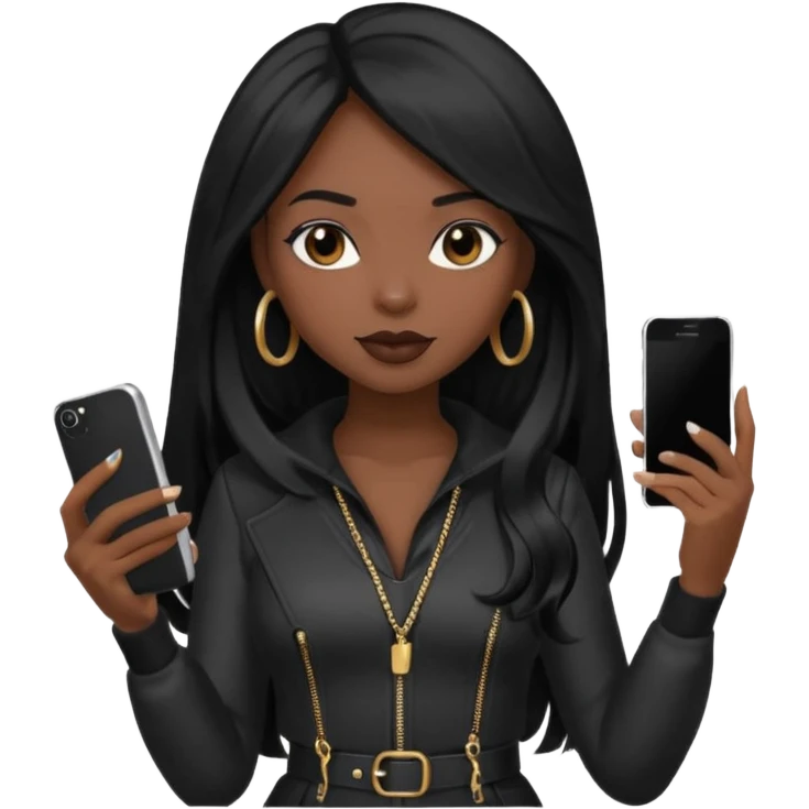 influencer girl black long haired, phone in hand, recording herself, confident, trendy, emoji