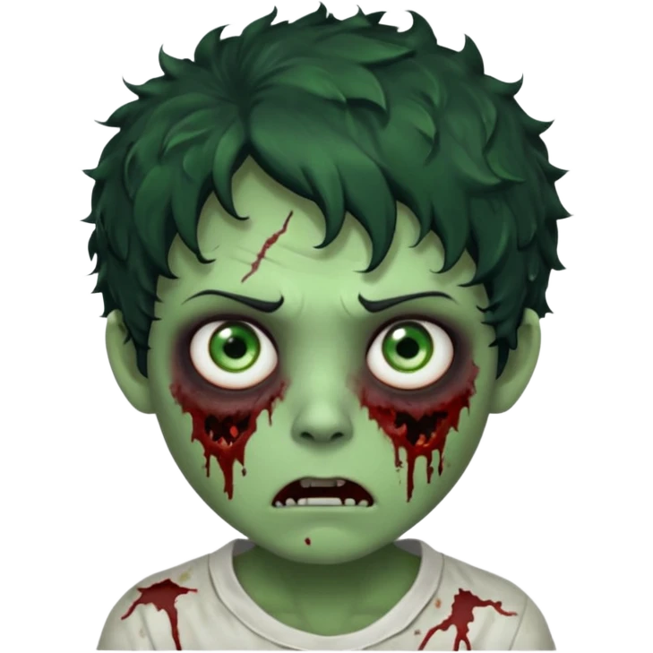 zombie character with green skin, messy short curly black hair, and no glasses. Give him large expressive eyes, a slightly frightened or eerie expression, subtle wounds, dark under-eye shadows, and a few cracks or dried blood marks on the face.  white shirt and no bleeding eyes **BLACK HAIR** emoji