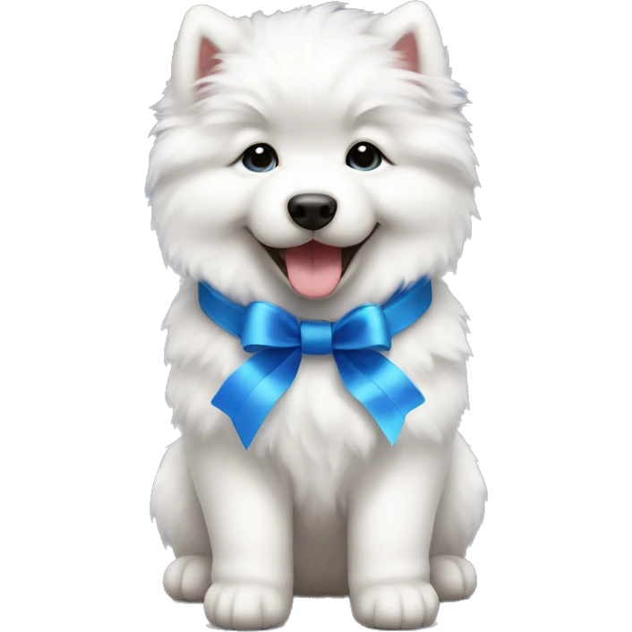 Samoyed puppy wearing blue ribbon emoji