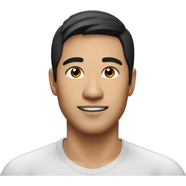 A head and shoulders shot of a 32 year old Asian man, with short black hair,   with brown eyes wearing a t-shirt. emoji