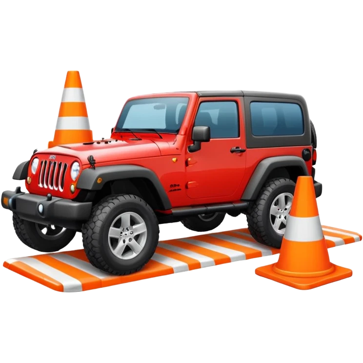 red Jeep Wrangler running over an all-white traffic cone with no stripes or markings, tire contact visible, emoji style emoji