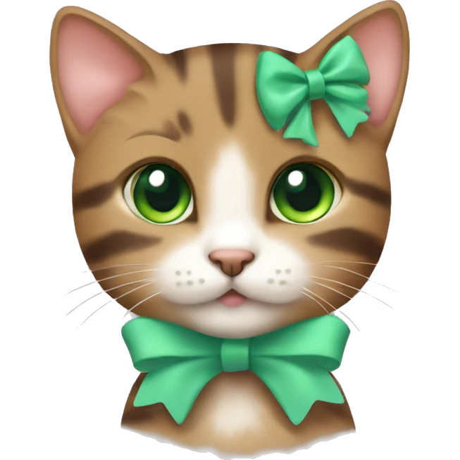 kawaii brown tabby kitten with green eyes and pastel green bow on top of head emoji
