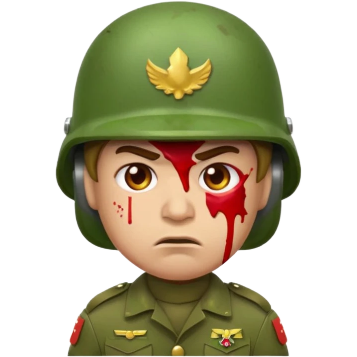 scowling soldier emoji with red skin tone, blood splatter on left cheek, wearing green helmet and military uniform, facing slightly right, 2d apple emoji style emoji