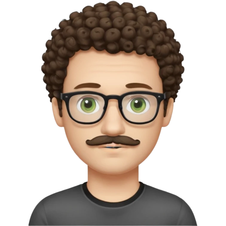 Light brunette curly haired young man with pale skin and glasses. Eyes are greenish grey and he has a moustache. Black t-shirt. emoji
