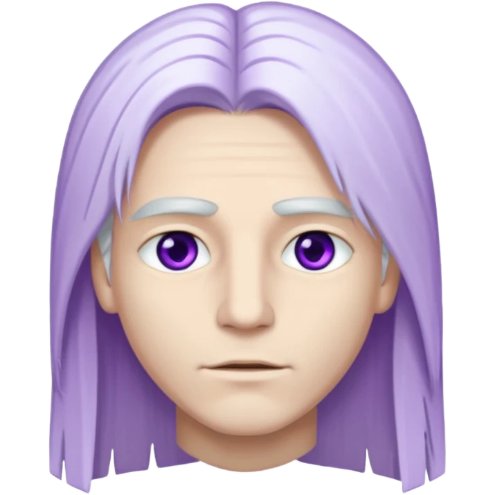 Beyaz uzun ve düz saçları olan,mor göz rengi olan, bembeyaz tenli bir erkek,genç emoji