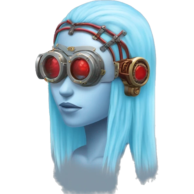 Light blue long hair female cyborg head with red steampunk goggles and circuits emoji