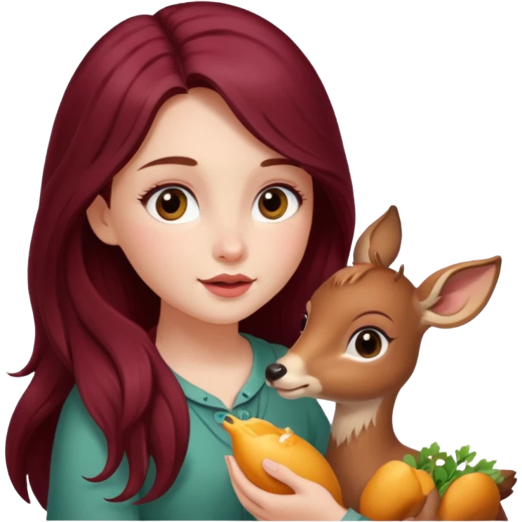 Beautiful burgundy long haired girl feeding baby deer emoji
