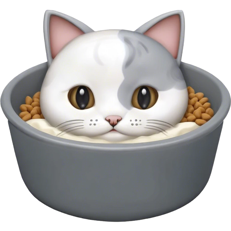 cute cat food bowl, the food is piled on top of the bowl where it is so full. The colour of the bowl is grey and the food in the bowl is white. emoji
