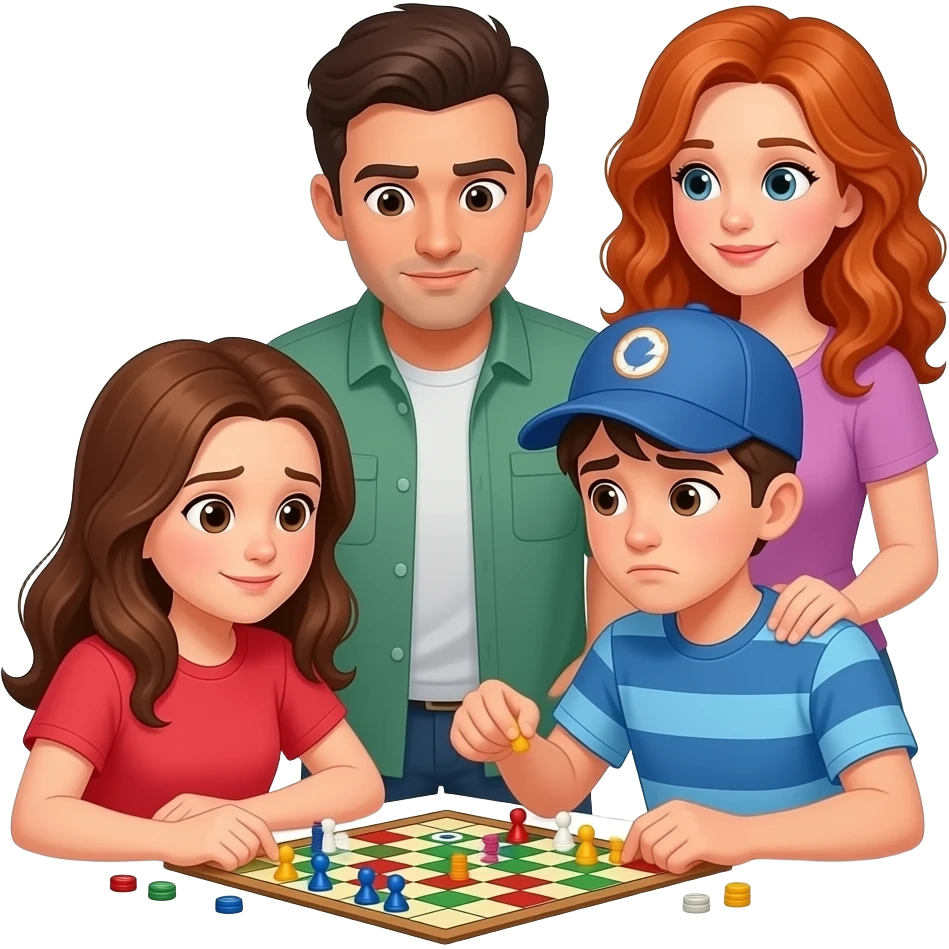 2 ADOLESCENTES SIN SONRISA JUGANDO A LA PLAY. UNO DE PELO LARGO , OTRO CON GORRA. PAPA DE RULOS MOROCHO PREOCUPADO Y MAMA DE PELO BIEN LARGO RIZADO COLORADO MIRANDO COMO JUEGAN LOS ADOLESCENTES emoji