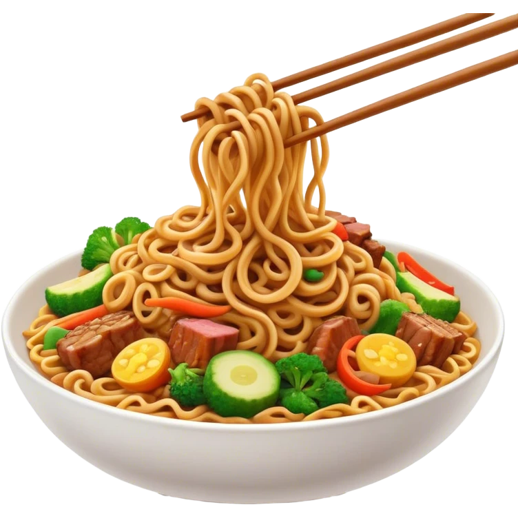 Cinematic Realistic Mie Goreng Dish Emoji, featuring stir‚Äêfried noodles with vegetables and meat rendered with dynamic textures and warm, appetizing lighting. emoji