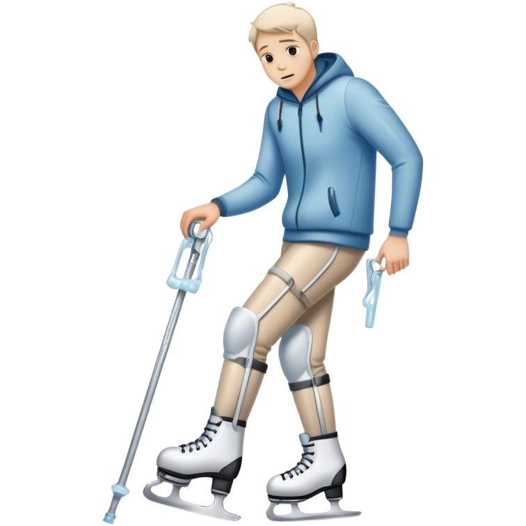 una hombre con el pie lesionado en  muletas con unos patines de hielo y cara de lesión 
 emoji