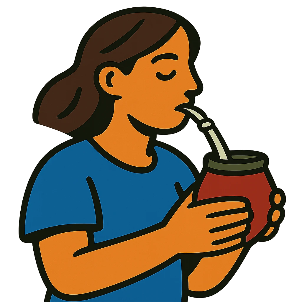brunette woman drinking mate from a gourd with a bombilla straw emoji