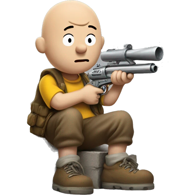 Homeless Charlie Brown with a t-shirt gun emoji