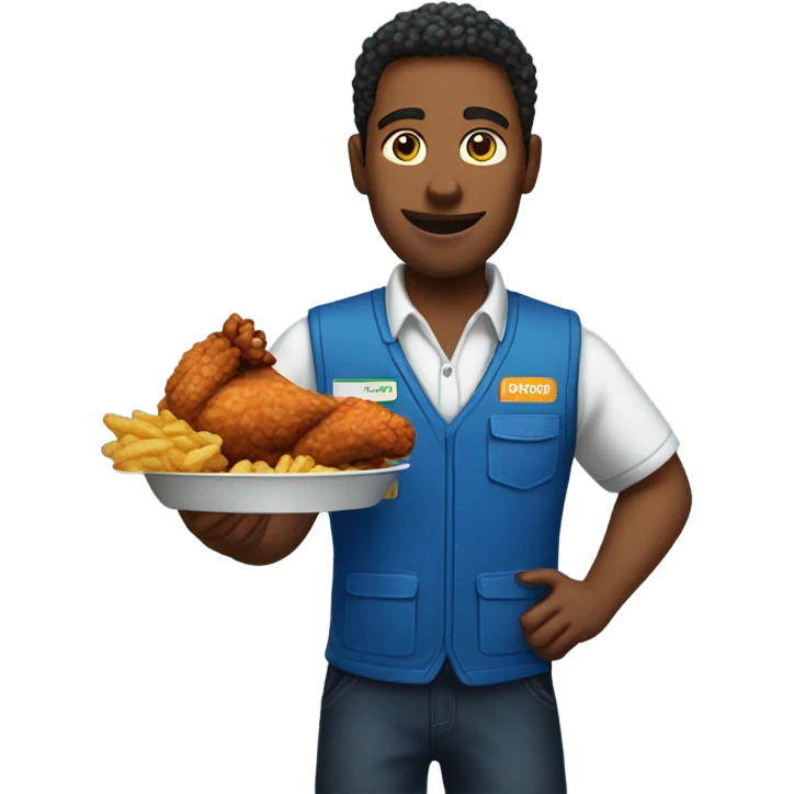 Amazon worker blue vest eating fried chicken emoji
