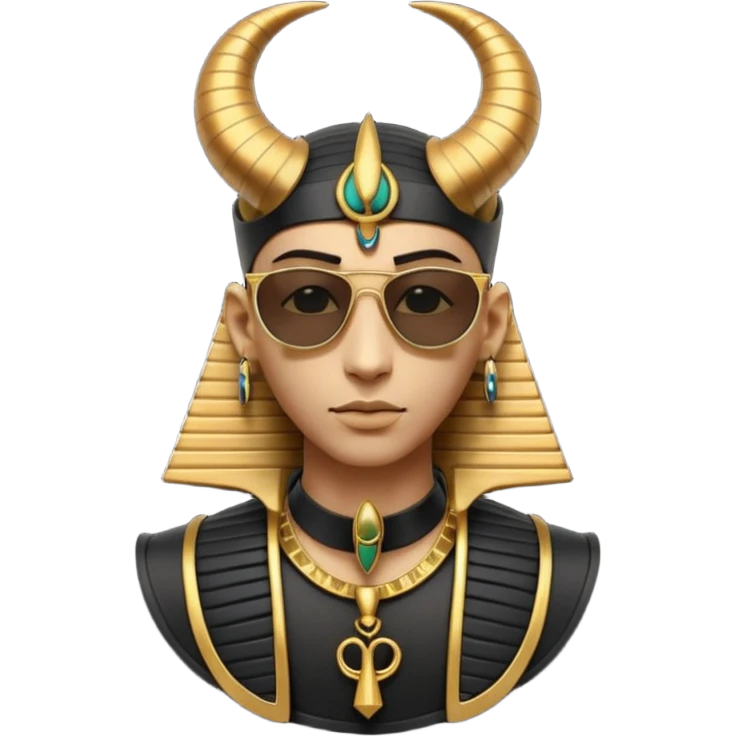 3D cartoon horned character portrait, wearing sunglasses, gothic ancient Egyptian style, pharaoh collar, dark gold and black outfit, ankh symbols, Egyptian jewelry, mysterious expression, soft dramatic lighting, centered, clean background, no text, no watermark emoji