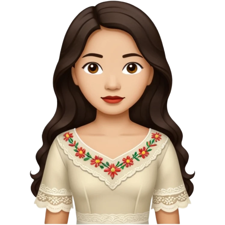 Filipino woman with long dark wavy hair parted in the middle wearing a traditional filipiniana emoji