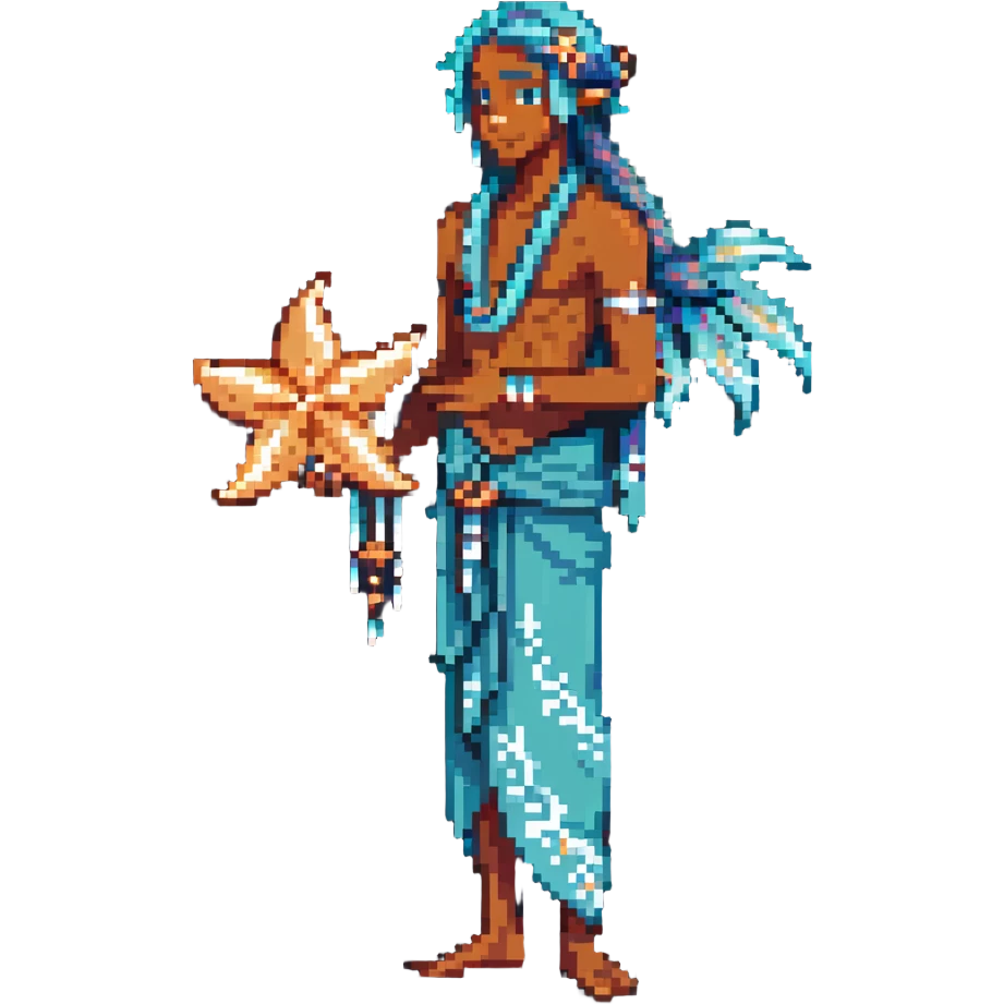 elf male Sarong with bioluminescent embroidery, armful of starfish, hair in a braid with pearl pins emoji