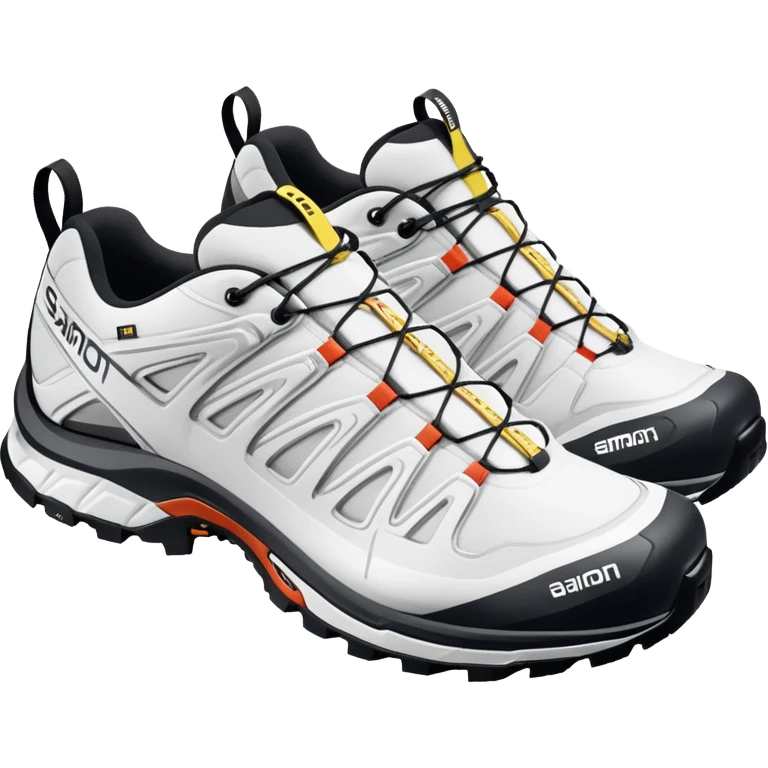 Pair of white Salomon XT-6 Gore-Tex shoes arranged with one slightly behind the other, iOS emoji style with simplified details, technical white hiking shoes with characteristic Quicklace system emoji