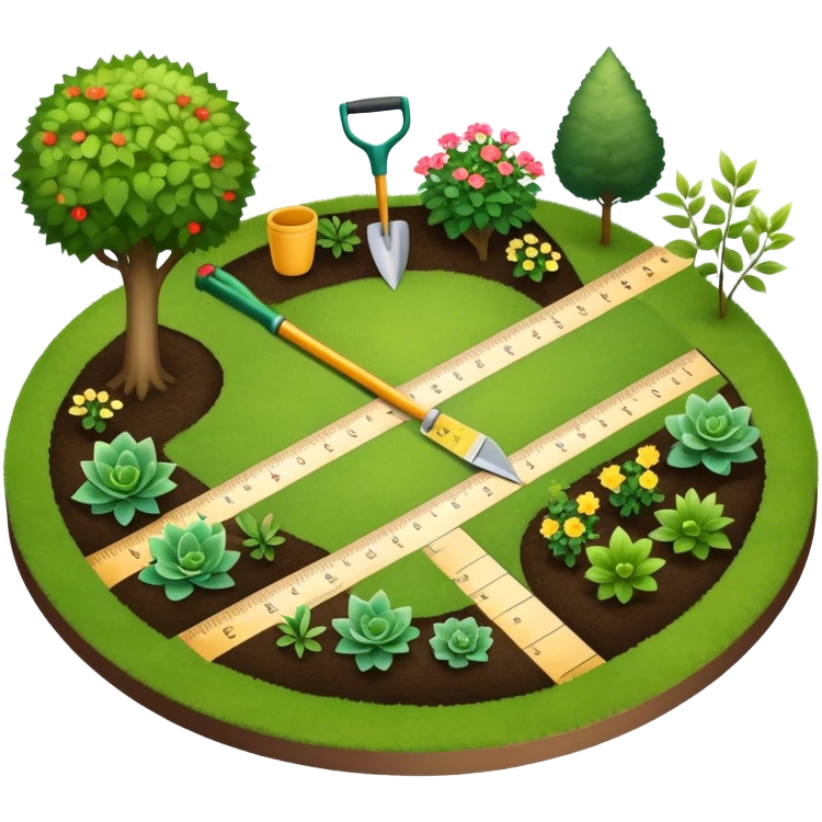 Icon for Landscape Design: a garden layout with plants, trees, paths, and design tools like a spade, pencil and measuring tape. The icon should represent creativity in outdoor space planning and gardening. Transparent background. emoji