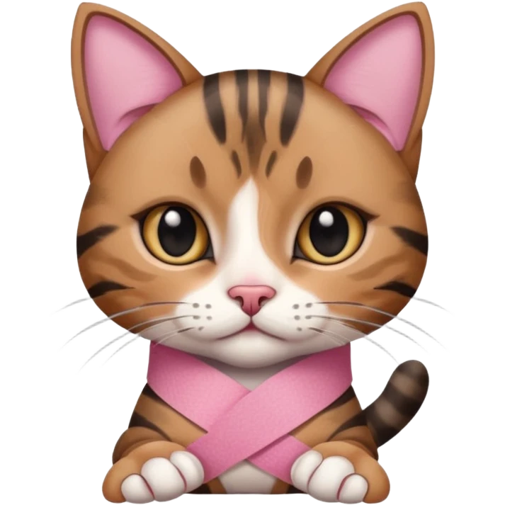 a young female brown and black tabby cat, with a pink bandage on her front paw, emoji
